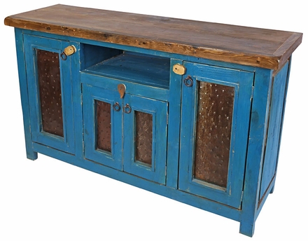 Teal Painted Wood Entertainment Console with 4 Doors