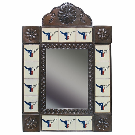 Texas Longhorn Tile and Aged Tin Mirror - Red-White-Blue