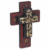 Tiered Painted Wood Mexican Folk Art Cross with Milagros