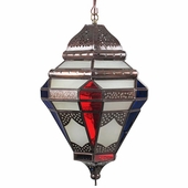 Tin Moroccan Pendant Light with Frosted and Multi-Colored Glass