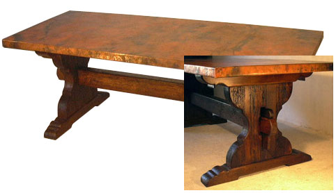 Old Wood Trestle Dining Table with Copper Top - Three Sizes