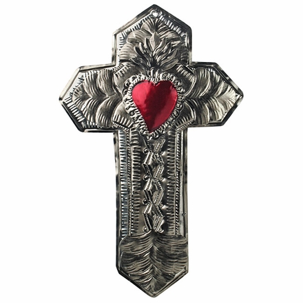 Tri-Level Mexican Tin Cross with Flaming Heart