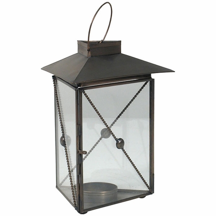 Triangle Aged Tin and Glass Candle Lantern