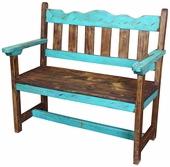 Turquoise Blue Carved Painted Wood Bench