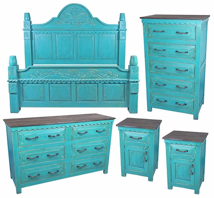 Turquoise Carved Painted Wood 5-Piece Bedroom Set
