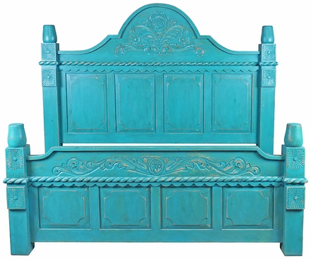 Turquoise Carved Painted Wood Bed