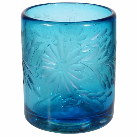 Turquoise Etched Floral Mexican Rocks Glass - Set of 4