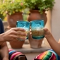 Turquoise Etched Floral Mexican Rocks Glass - Set of 4