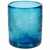 Turquoise Etched Floral Mexican Rocks Glass - Set of 4