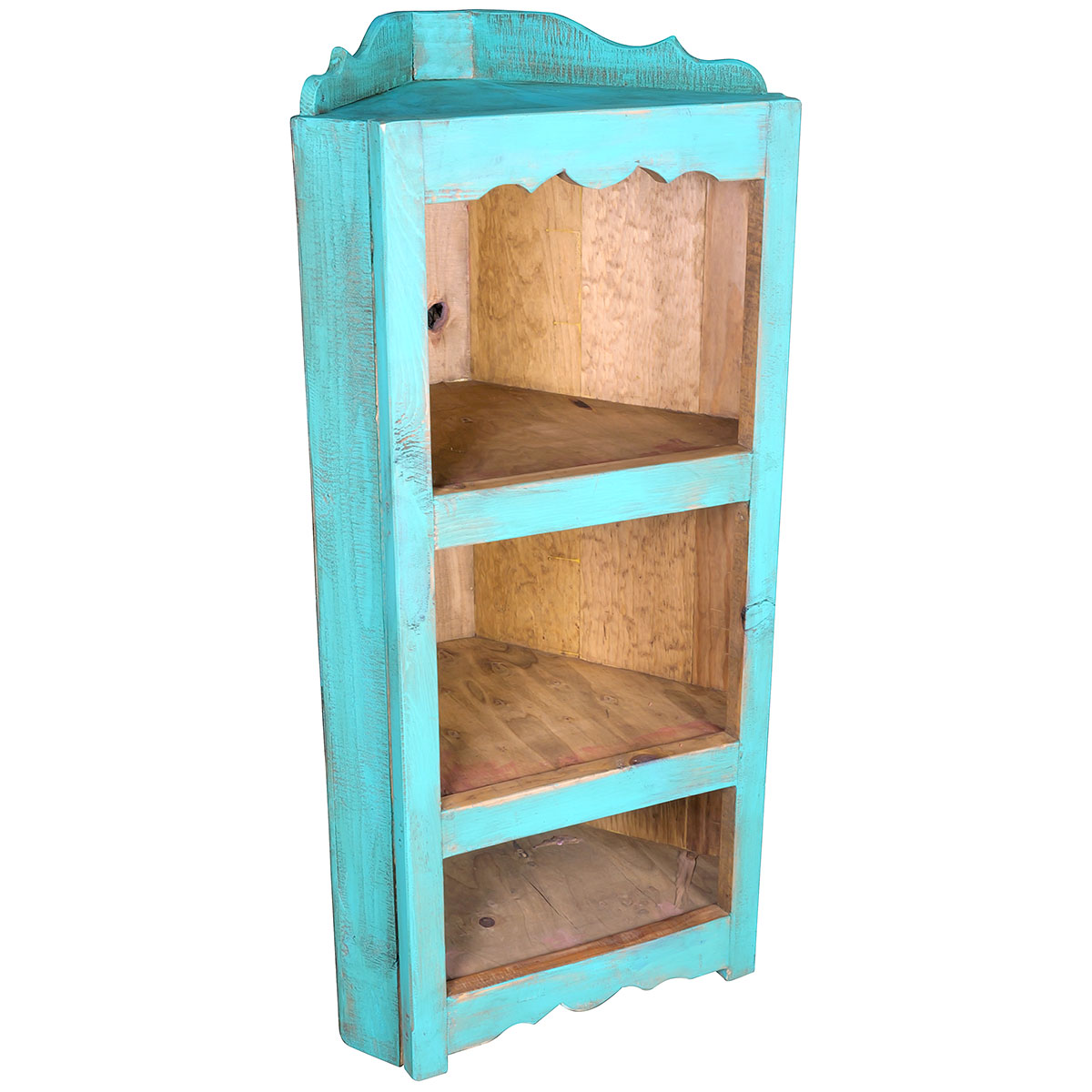 Turquoise Mexican Painted Wood Corner Shelf Unit