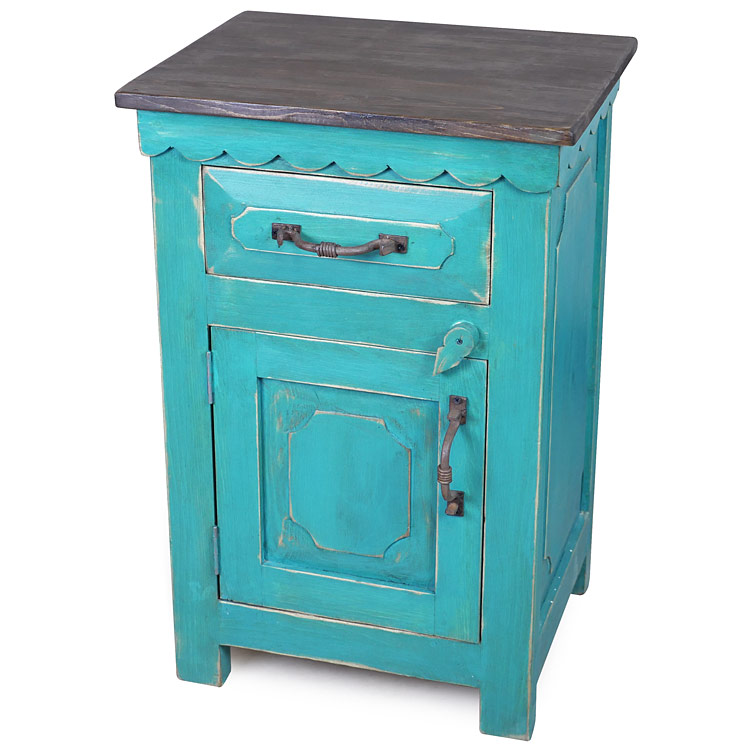 Turquoise Mexican Painted Wood Nightstand - 1 Door, 1 Drawer