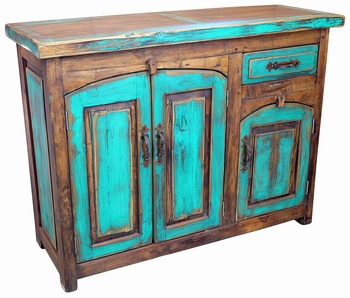 Turquoise Painted Wood Buffet - 3 Doors & 1 Drawer