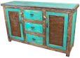 Turquoise Painted Wood Buffet with Iron Panel Doors - 2 Doors & 3 Drawers