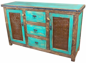 Turquoise Painted Wood Buffet with Iron Panel Doors - 2 Doors & 3 Drawers