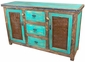 Turquoise Painted Wood Buffet with Iron Panel Doors - 2 Doors & 3 Drawers