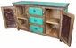 Turquoise Painted Wood Buffet with Iron Panel Doors - 2 Doors & 3 Drawers