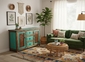 Turquoise Painted Wood Buffet with Iron Panel Doors - 2 Doors & 3 Drawers