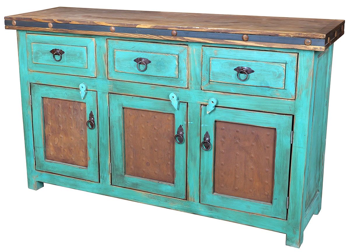 <廃盤品> VITRINI(turquoise blue-oak) Turquoise Painted Wood Buffet with Iron Panel Doors - 3 Doors & 3