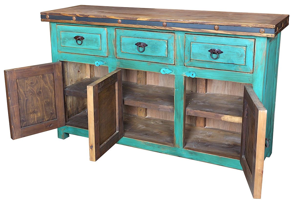 Turquoise Painted Wood Buffet with Iron Panel Doors - 3 Doors & 3