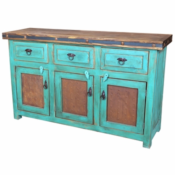 Turquoise Painted Wood Buffet with Iron Panel Doors - 3 Doors & 3 Drawers