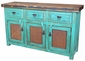 Turquoise Painted Wood Buffet with Iron Panel Doors - 3 Doors & 3 Drawers