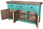 Turquoise Painted Wood Buffet with Iron Panel Doors - 3 Doors & 3 Drawers