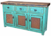 Turquoise Painted Wood Buffet with Iron Panel Doors - 3 Doors & 3 Drawers