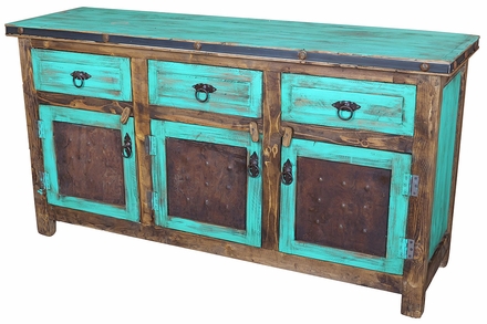 Turquoise Painted Wood Buffet with Iron Panel Doors