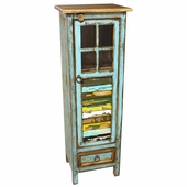 Turquoise Painted Wood Cabinet with Glass Window & Multi-Color Slat