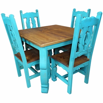 Turquoise Painted Wood Dining Table & Chairs Set