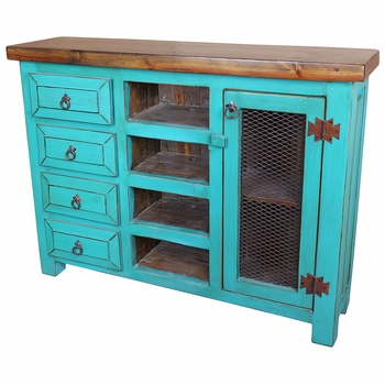Turquoise Painted Wood Media Console with Iron Mesh Door