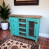 Turquoise Painted Wood Media Console with Iron Mesh Door