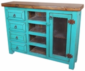 Turquoise Painted Wood Media Console with Iron Mesh Door