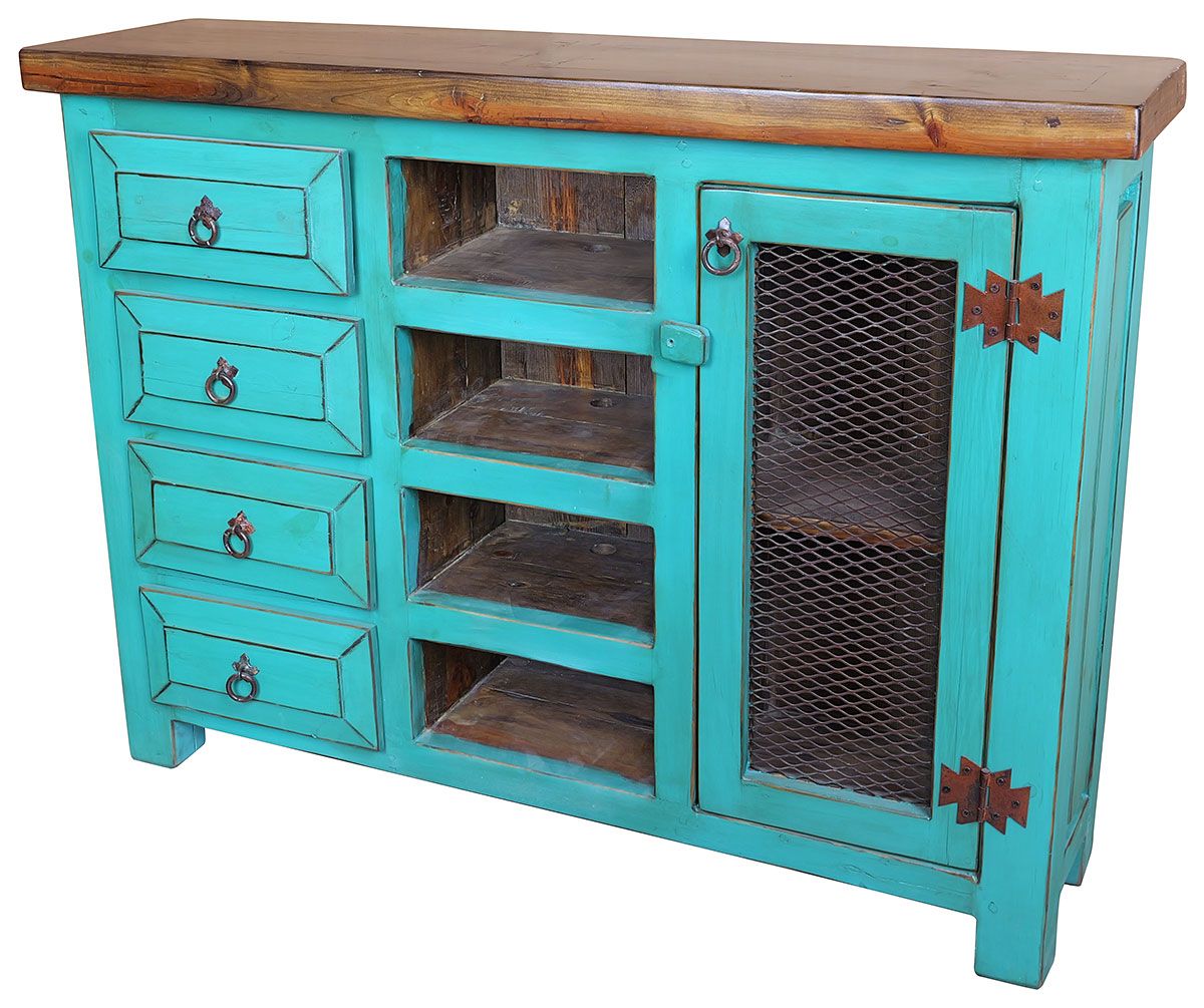 Turquoise Painted Wood Media Console with Iron Mesh Door