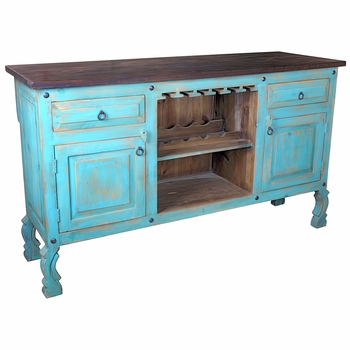 Turquoise Painted Wood Ox Yoke Bar Buffet
