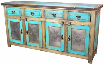 Turquoise Painted Wood Sideboard with Copper Accents
