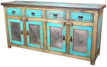 Turquoise Painted Wood Sideboard with Copper Accents