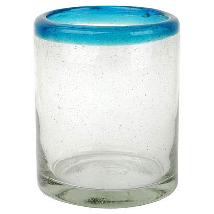 Turquoise Rimmed Mexican Rocks Glass - Bubble Glass - Set of 4