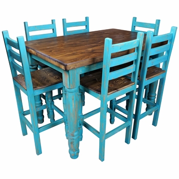 Turquoise Rustic Painted Wood Bistro Set with 6 Chairs