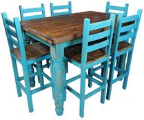 Turquoise Rustic Painted Wood Bistro Set with 6 Chairs