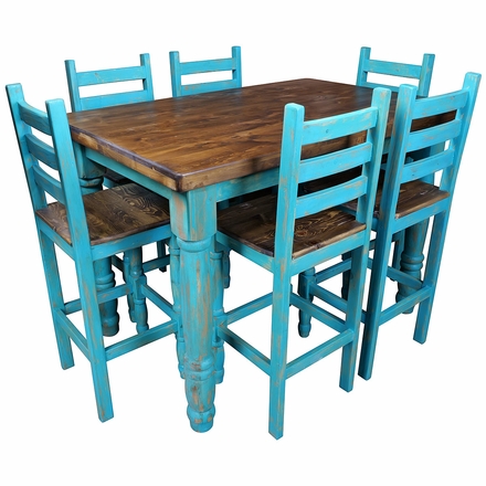 Turquoise Rustic Painted Wood Bistro Set with 6 Chairs
