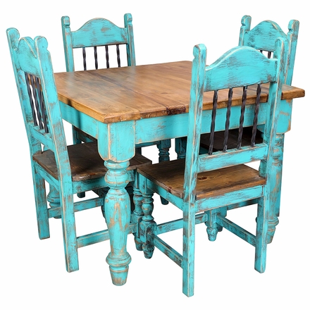 Turquoise Rustic Painted Wood Dining Set with 4 Chairs