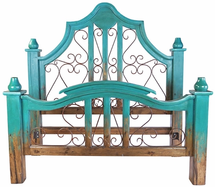 Turquoise Two-Tone Mexican Painted Wood Bed with Wrought Iron Scrolls