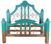 Turquoise Two-Tone Mexican Painted Wood Bed with Wrought Iron Scrolls