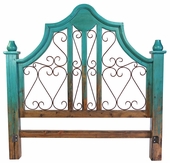 Turquoise Two-Tone Mexican Painted Wood Headboard with Wrought Iron Scrolls
