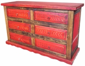 Two-Tone Red Painted Wood 6-Drawer Dresser with Carving