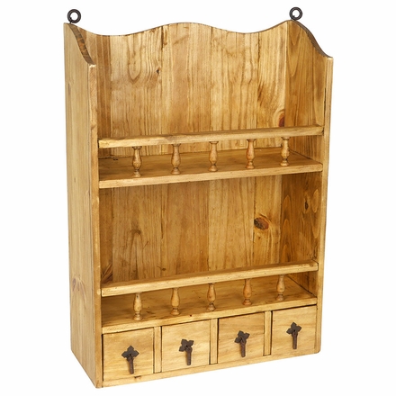 Wall Mount Rustic Pine Open Shelf with 4 Small Drawers -  Kitchen or Bath
