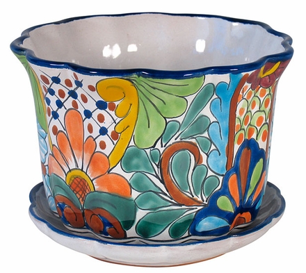 Wavy Talavera Flower Pot with Attached Base