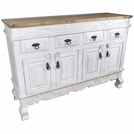White Carved Floral Buffet with - 4 Doors & 4 Drawers