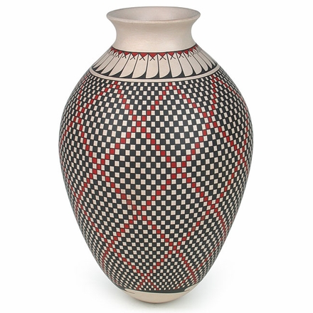 White Clay Mata Ortiz Vase with Geometric Pattern and Feathers